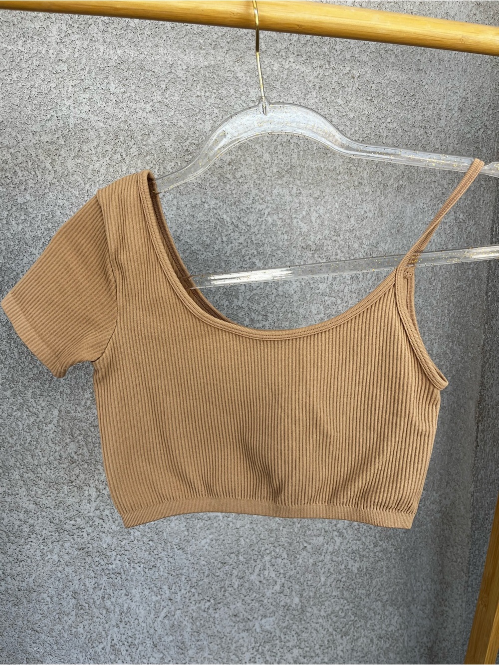 Zara Ribbed One-Shoulder Cropped Top in Tan